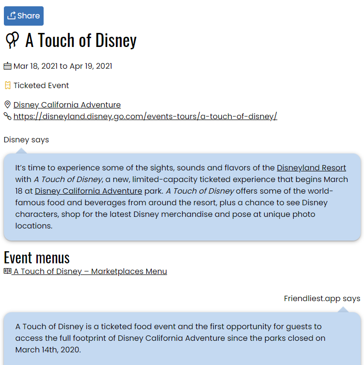 A Touch of Disney event page