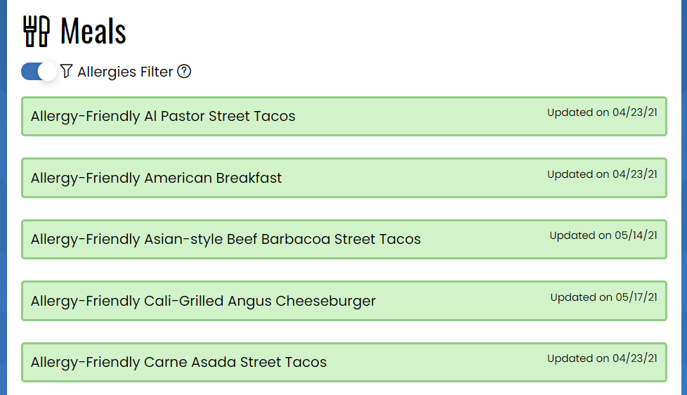 Filtered Meal List