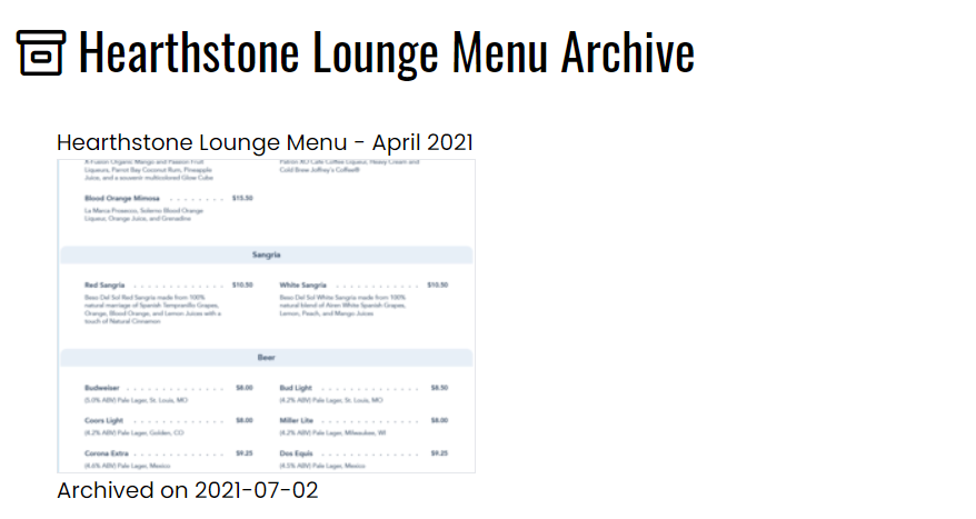 Hearthstone Lounge Menu Archive