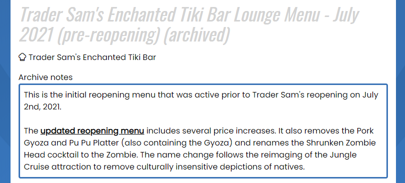 Archive notes for Trader Sam's Enchanted Tiki Bar reopening menu